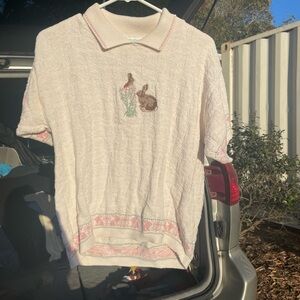 Vintage Knit Cream and Pink Bunny Top